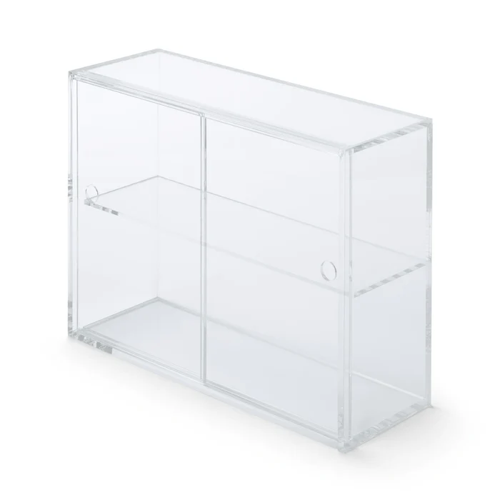 Plastic display case with sliding doors